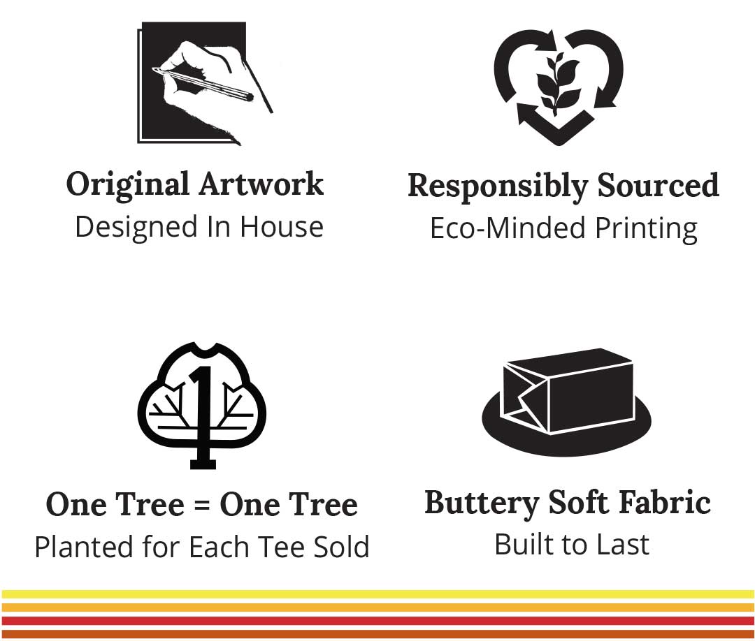 A four-panel infographic on product features and commitments, with black icons and text on a white background: Original Artwork / Designed In House, Responsibly Sourced / Eco-Minded Printing, One Tree = One Tree / Planted for Each Tee Sold, and Buttery Soft Fabric / Built to Last. A thin red and yellow stripe band appears along the bottom edge.
