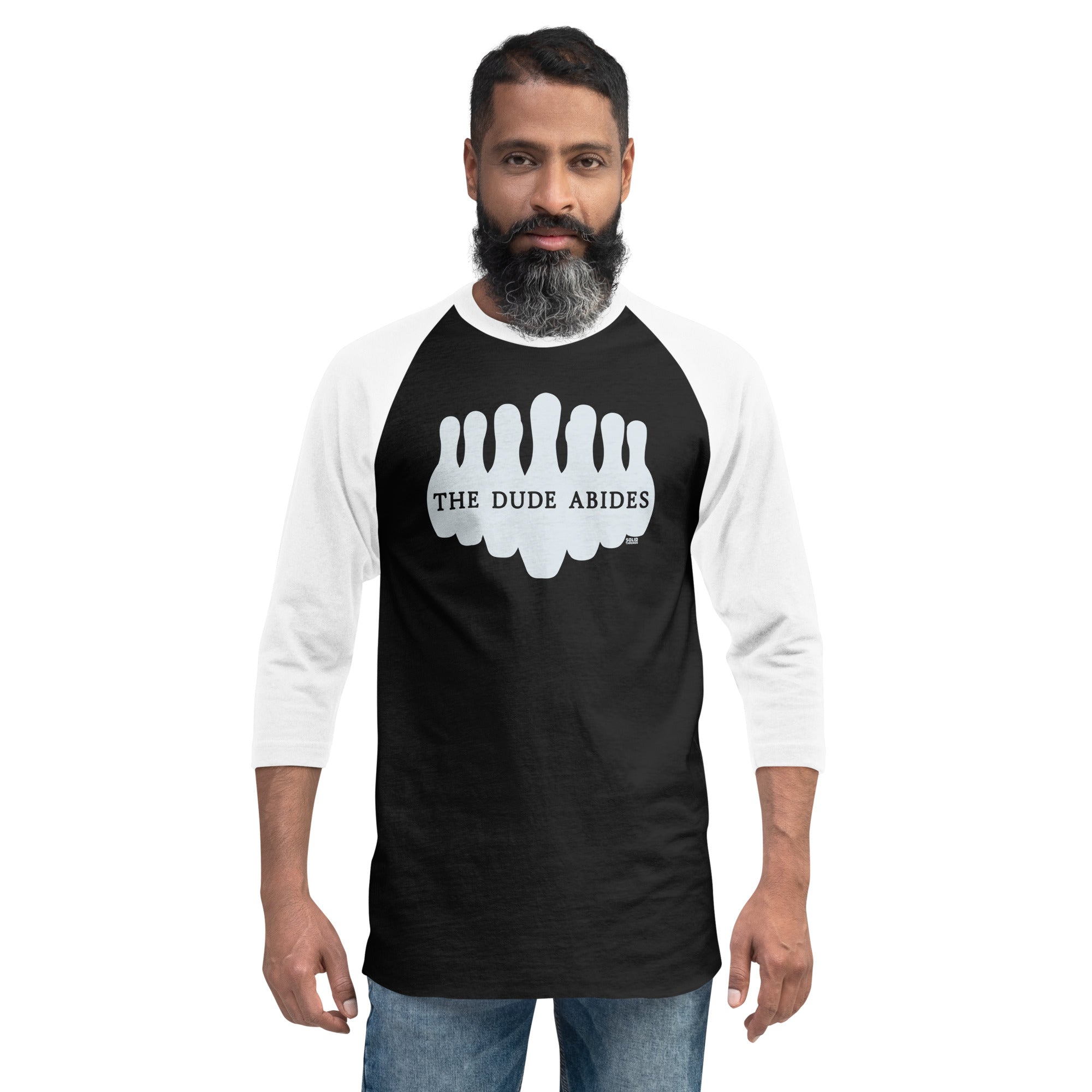 Dude Abides Cool Graphic Raglan Tee | Coen Brothers Movie Baseball T-shirt on Male Model | Solid Threads