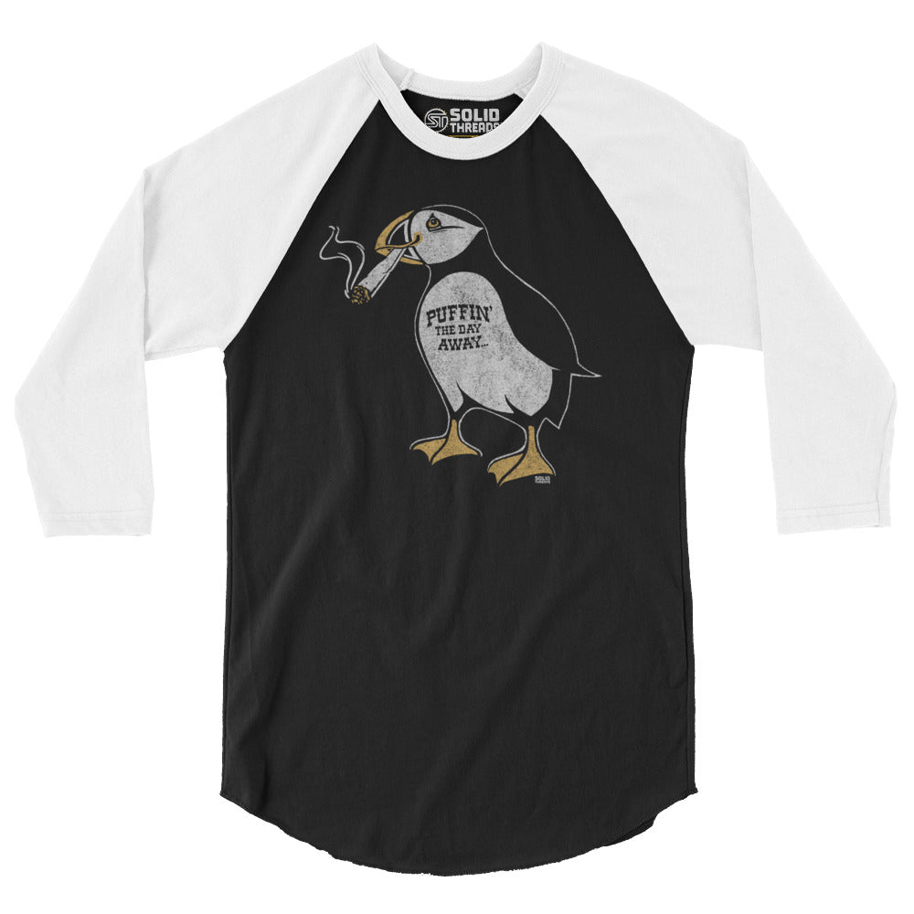 Puffin The Day Away Vintage Stoner Graphic Raglan Tee | Funny Weed Baseball T-shirt | Solid Threads