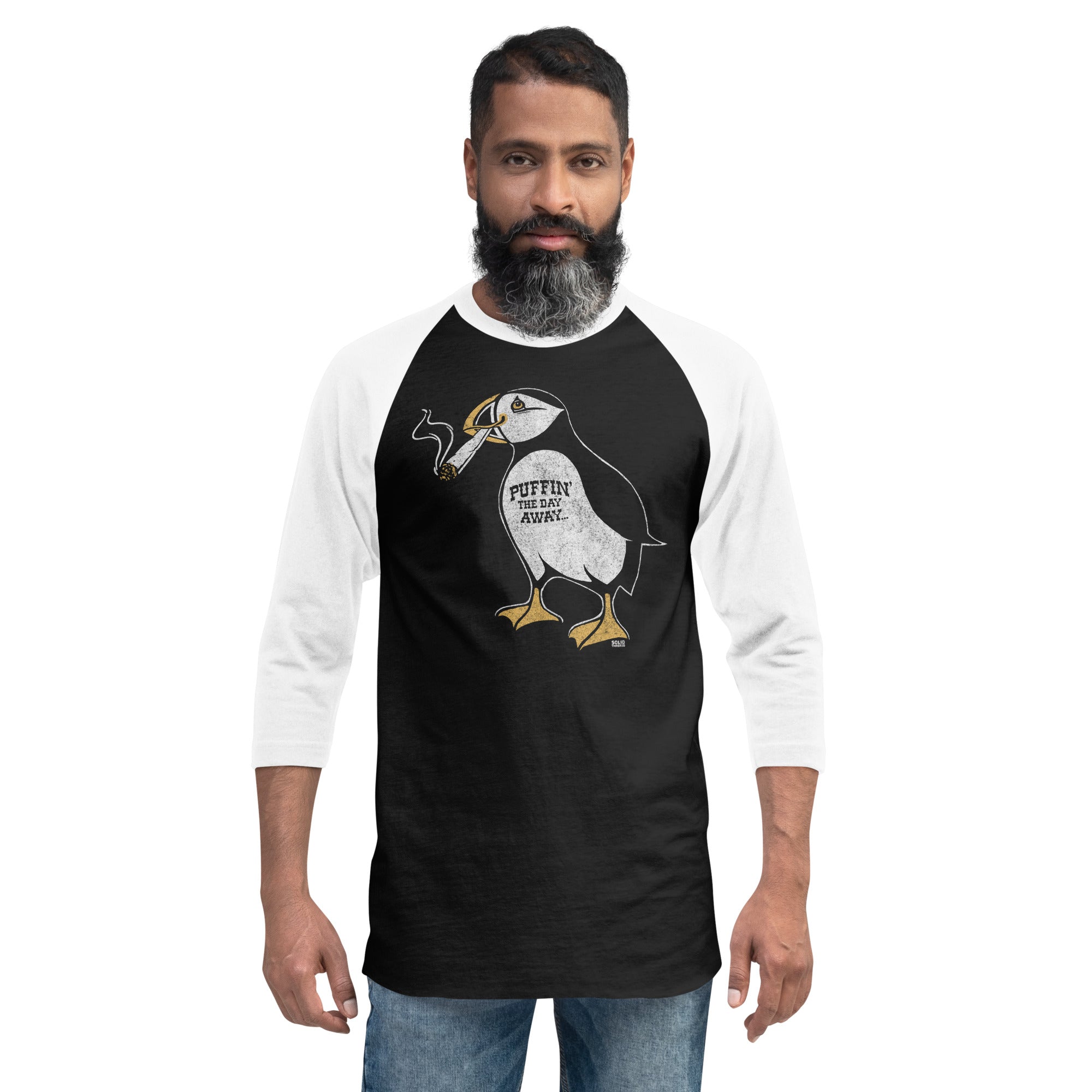 Puffin Away Retro Weed Graphic Raglan Tee | Funny Stoner Baseball T-shirt on Male Model | Solid Threads