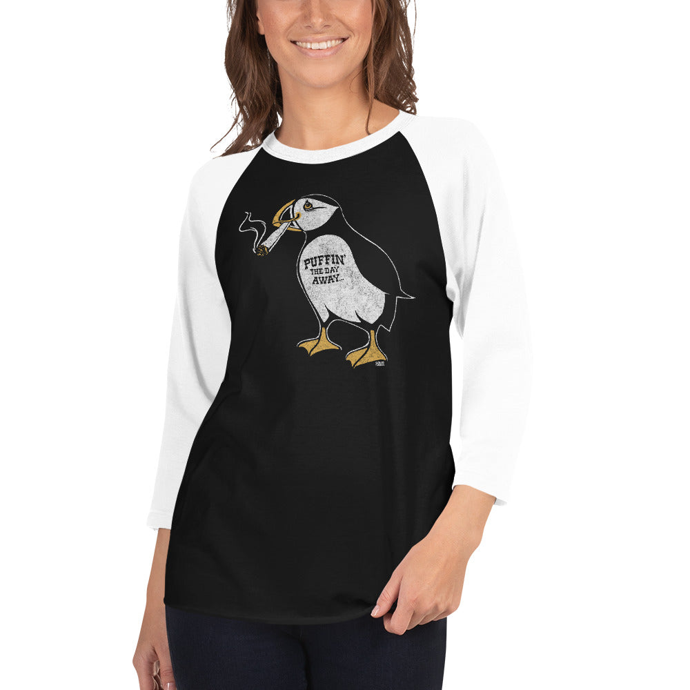 Puffin Away Retro Weed Graphic Raglan Tee | Funny Stoner Baseball T-shirt on Female Model | Solid Threads
