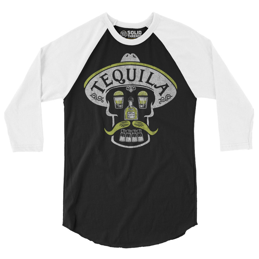 Tequila Skull Cool Drinking Graphic Raglan Tee | Vintage Party Baseball T-shirt | Solid Threads
