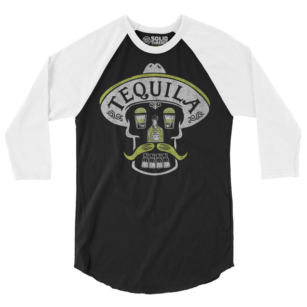 Unisex Tequila Skull Cool Drinking Graphic Raglan Tee | Vintage Party Baseball T-shirt | Solid Threads