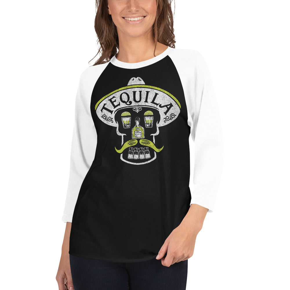 Unisex Tequila Skull Vintage Drinking Graphic Raglan Tee | Cool Baseball T-shirt on Female Model | Solid Threads