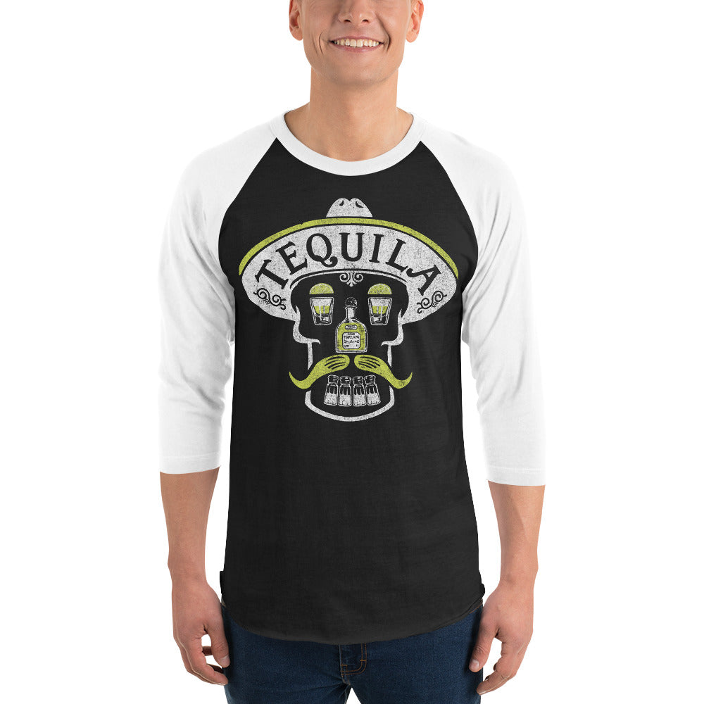 Tequila Skull Vintage Drinking Graphic Raglan Tee | Cool Baseball T-shirt on Male Model | Solid Threads