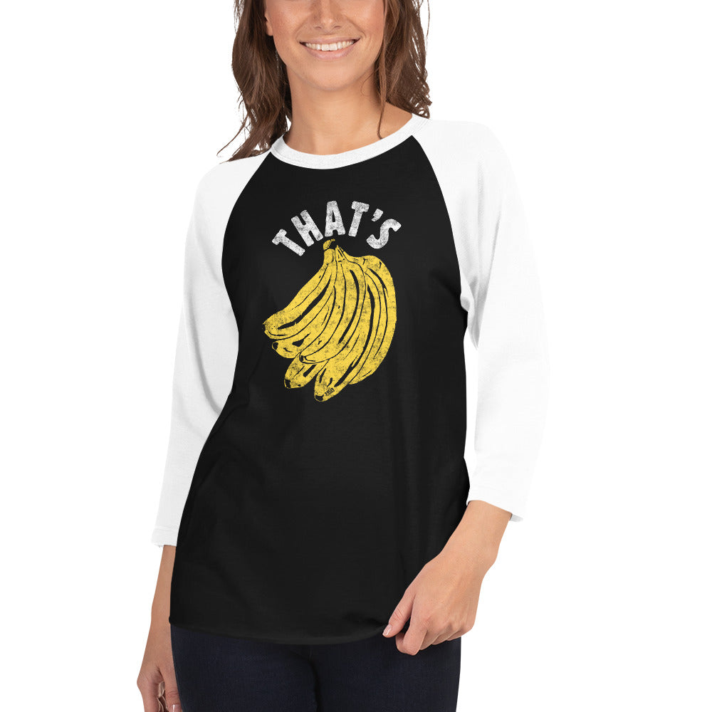 That's Bananas Funny Graphic Raglan Tee | Vintage Vegan Baseball T-shirt on Female Model | Solid Threads 