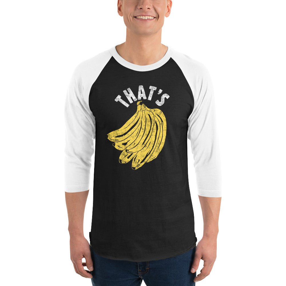 Unisex That's Bananas Funny Graphic Raglan Tee | Vintage Vegan Baseball T-shirt on Male Model | Solid Threads 