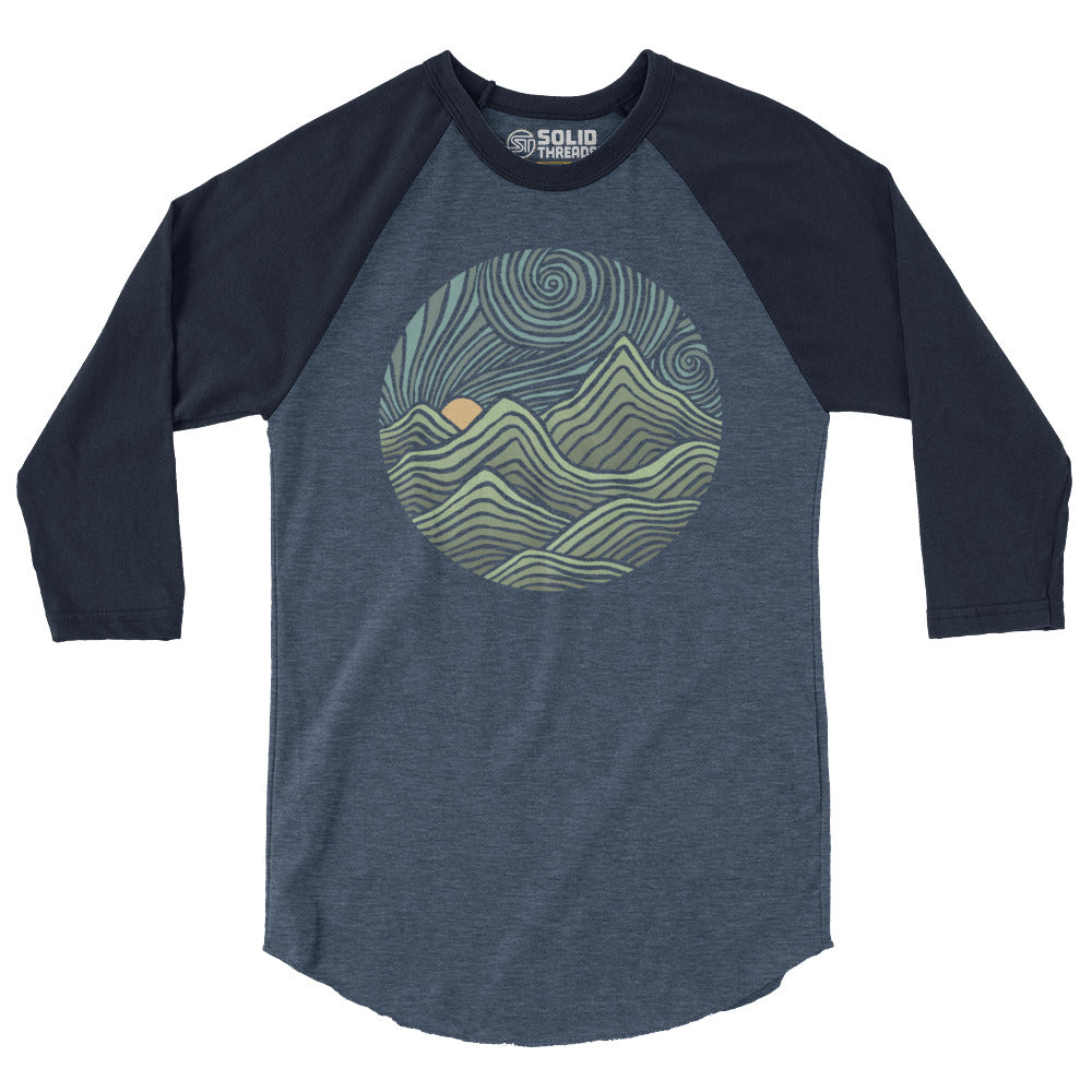 Swirly Mountains Vintage Nature Graphic Raglan Tee | Cool Hippie Baseball T-shirt | Solid Threads