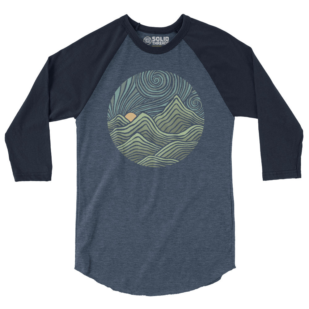 Unisex Swirly Mountains Vintage Nature Graphic Raglan Tee | Cool Hippie Baseball T-shirt | Solid Threads