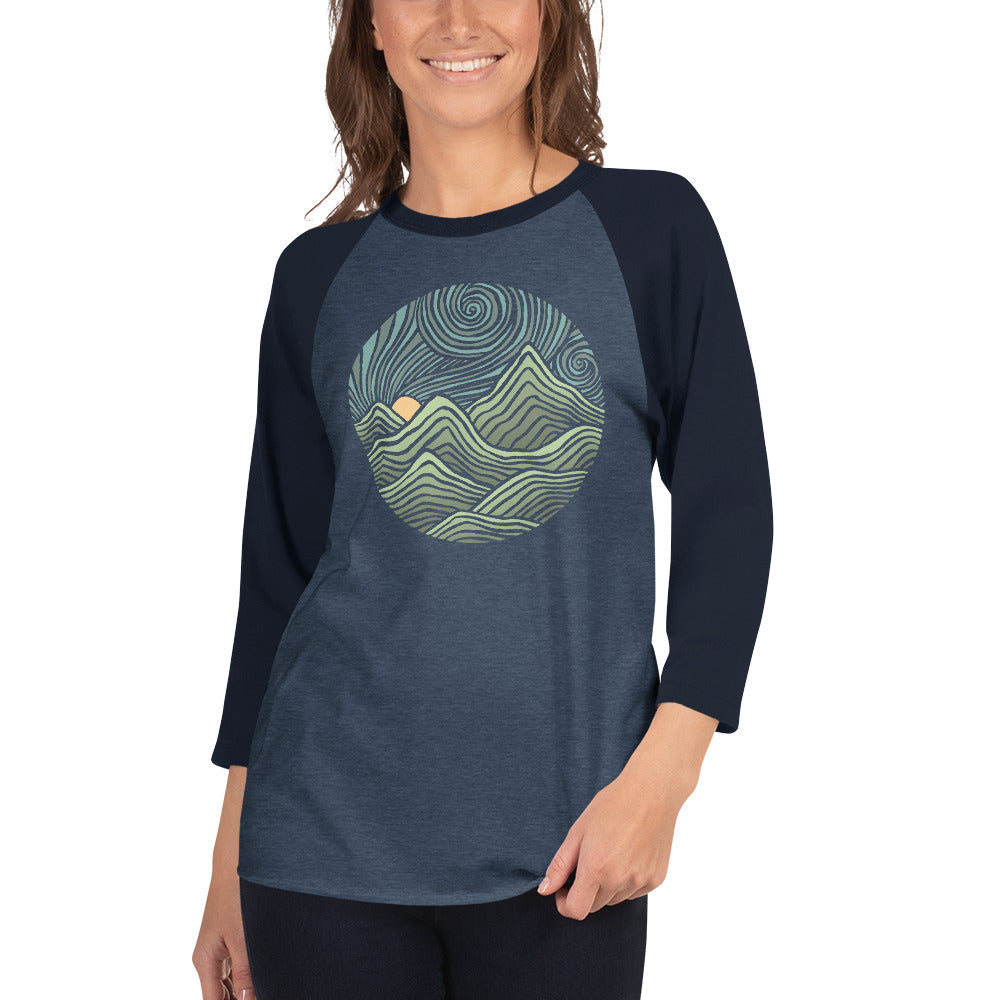 Unisex Swirly Mountains Vintage Graphic Raglan Tee | Cool Nature Baseball T-shirt on Female Model | Solid Threads