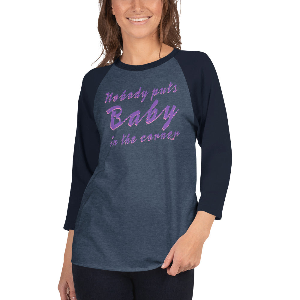 Vintage Baby in the Corner Dirty Dancing Graphic Baseball T-shirt on Female Model | Solid Threads