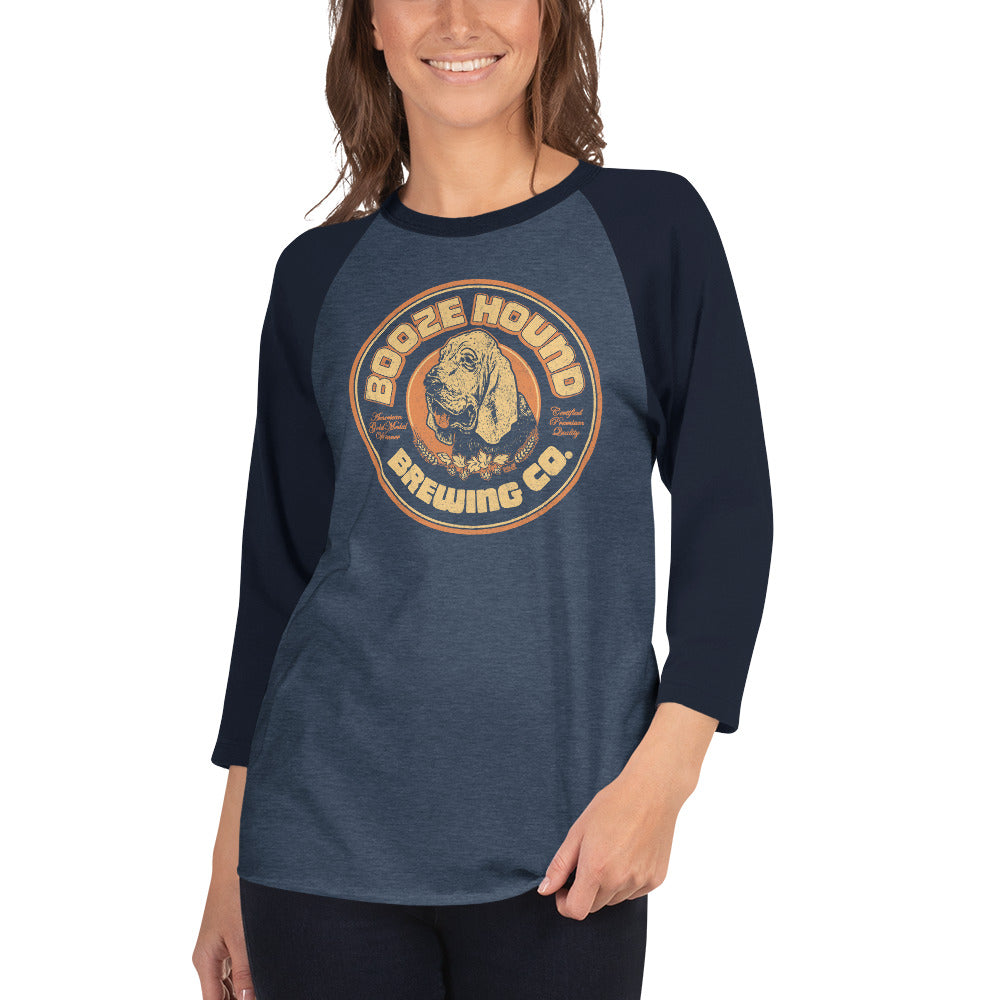 Boozehound Brewing Retro Graphic Raglan Tee | Funny Beer Baseball T-shirt on Female Model | Solid Threads