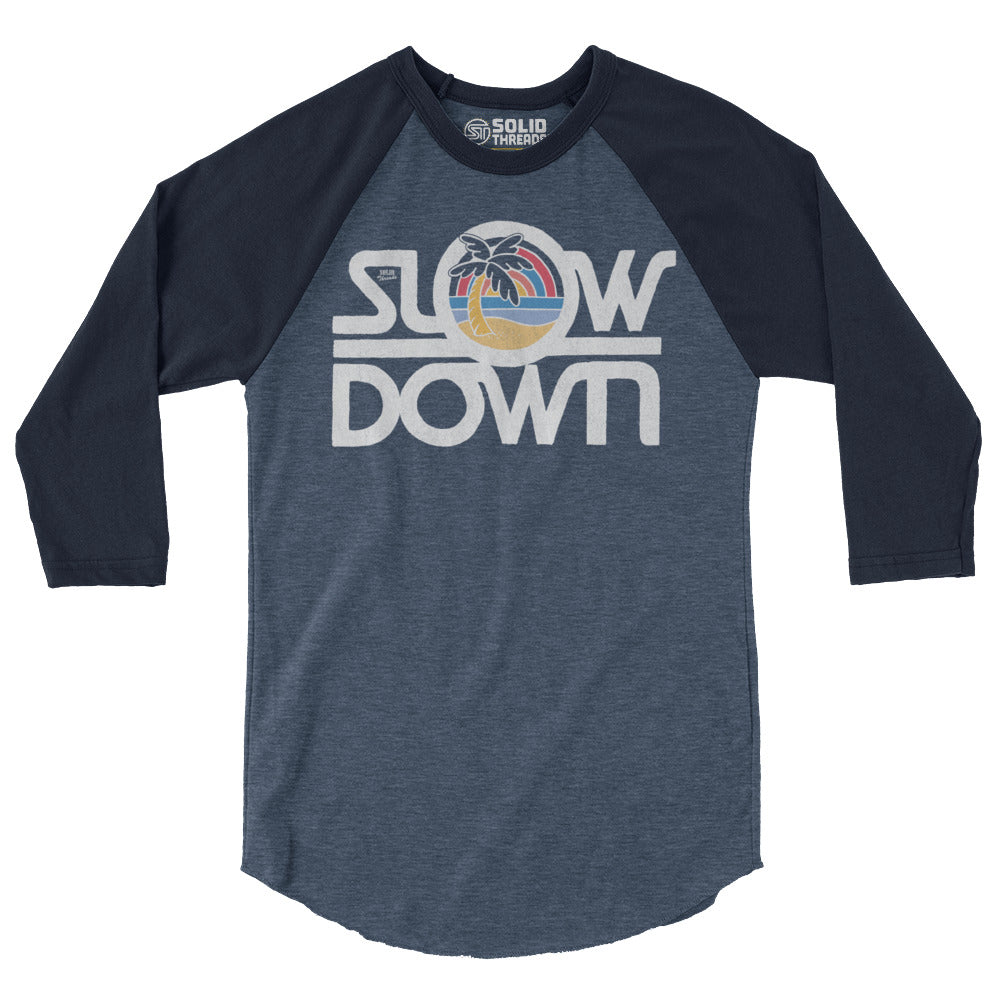 Slow Down Retro Beach Graphic Raglan Tee | Cool Tropical Vacation Baseball T-shirt | Solid Threads