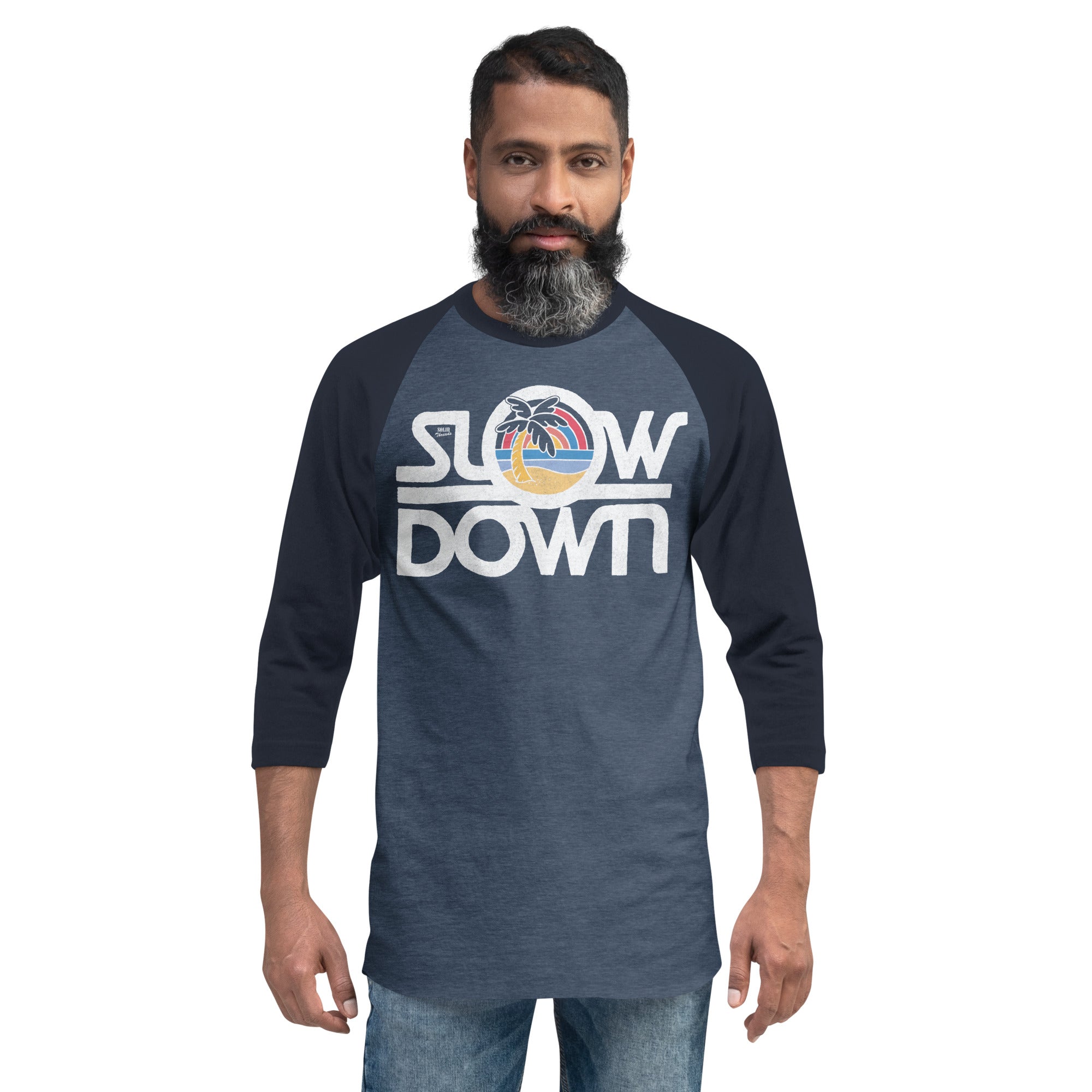 Slow Down Retro Graphic Raglan Tee | Cool Beach Vacation Baseball T-shirt on Male Model | Solid Threads