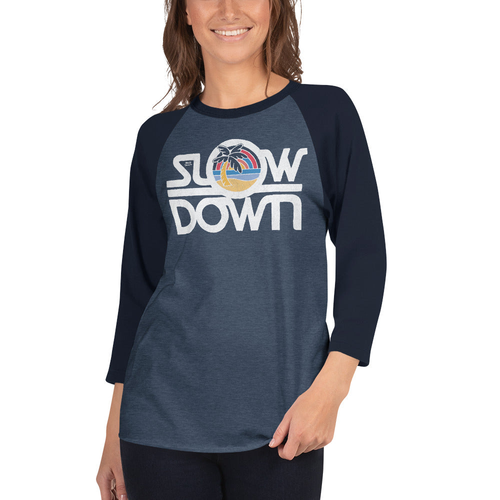 Unisex Slow Down Retro Graphic Raglan Tee | Cool Beach Vacation Baseball T-shirt on Female Model | Solid Threads