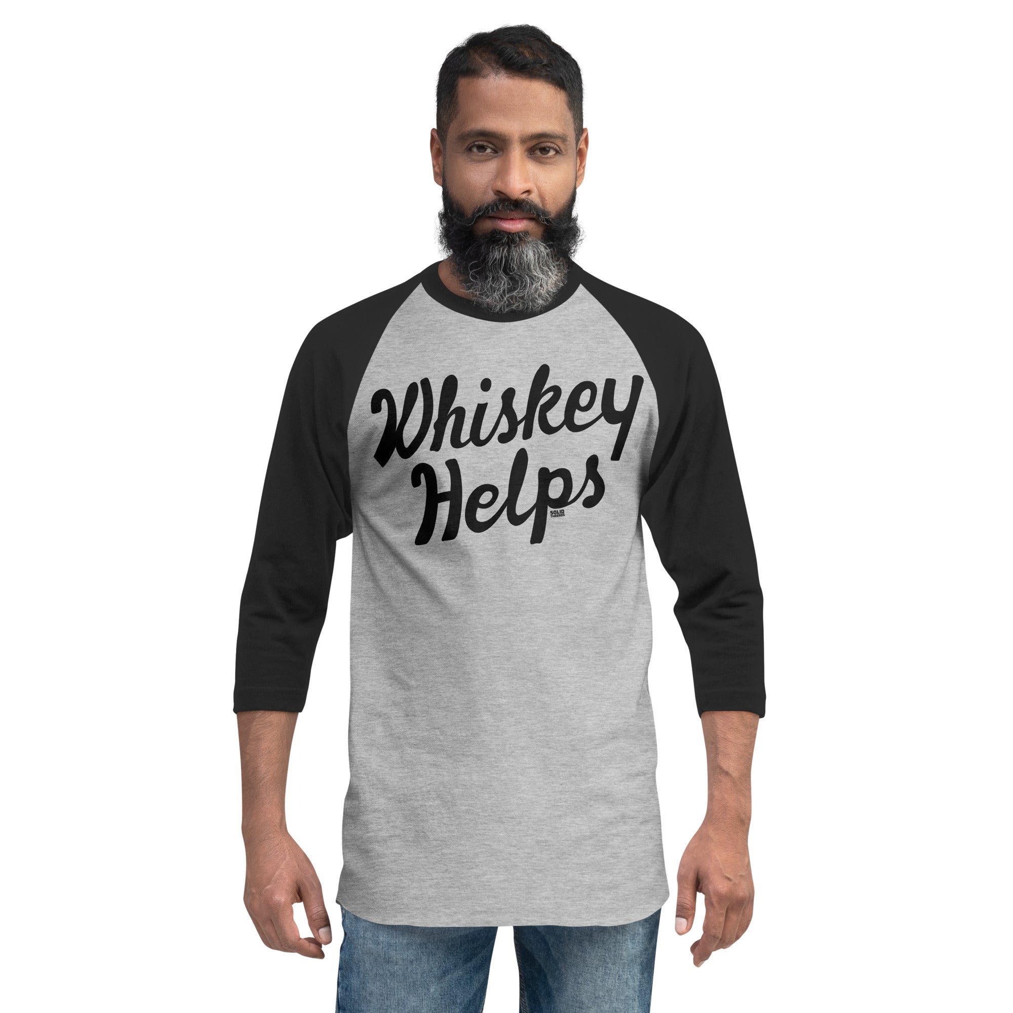 Whiskey Helps Funny Drinking Graphic Tee | Vintage Distillery Grey 3/4 Sleeve Baseball T-shirt on Model | SOLID THREADS