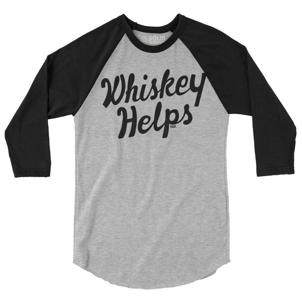 Whiskey Helps Funny Drinking Graphic Tee | Vintage Distillery Grey 3/4 Sleeve Baseball T-shirt | SOLID THREADS
