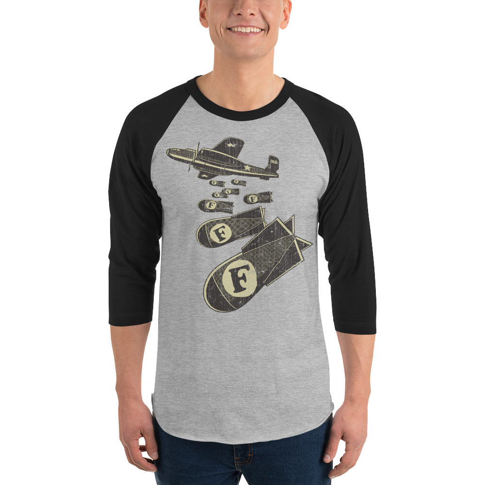F-Bombs Funny Graphic Raglan Tee | Vintage Swearing Pun Baseball T-shirt on Male Model | Solid Threads