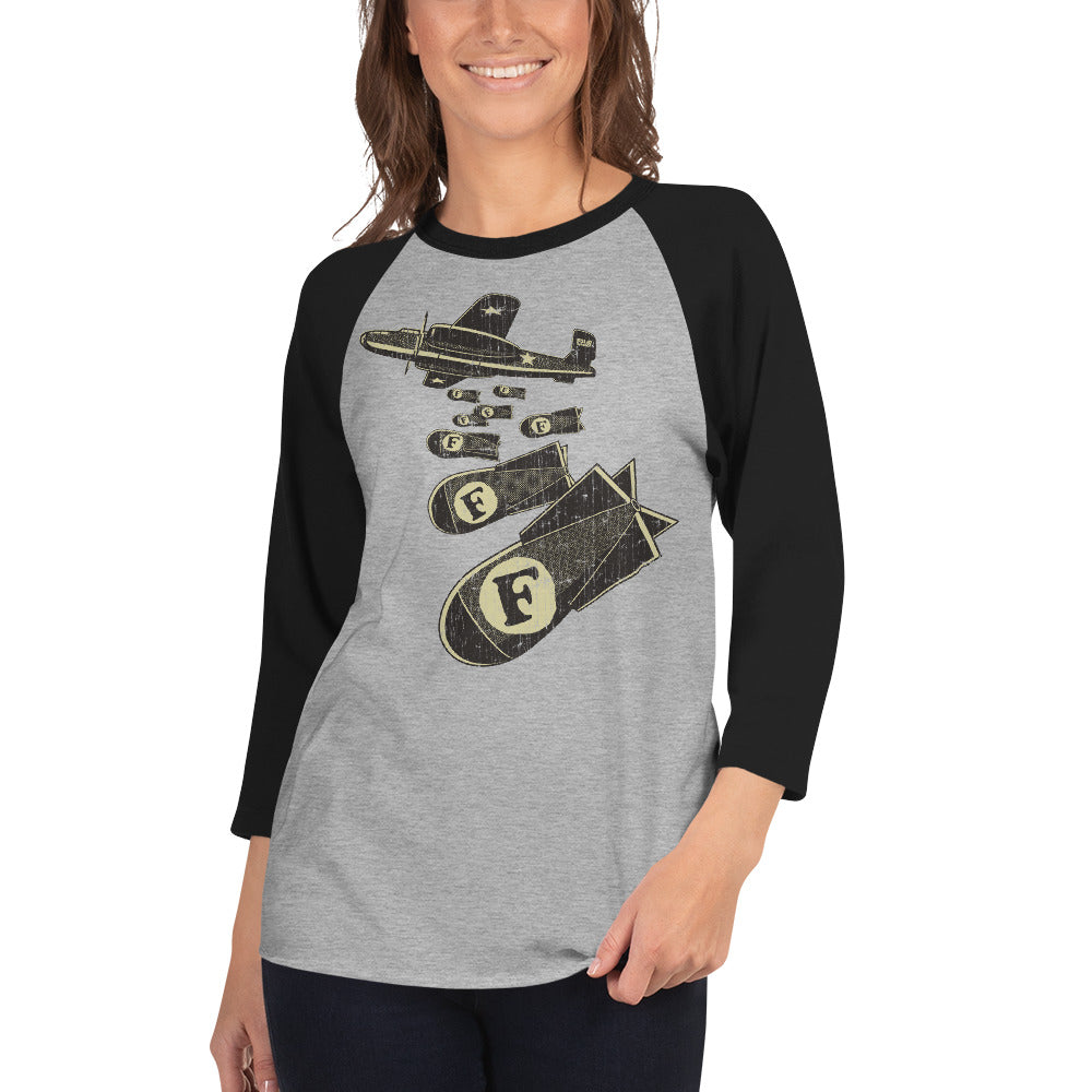 F-Bombs Funny Graphic Raglan Tee | Vintage Swearing Pun Baseball T-shirt on Female Model | Solid Threads
