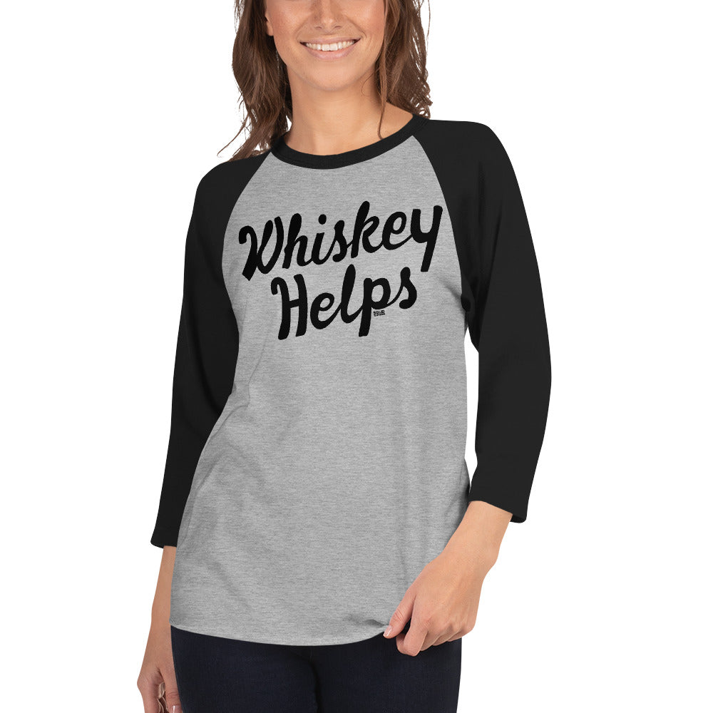 Whiskey Helps Funny Drinking Graphic Tee | Vintage Distillery Grey 3/4 Sleeve Baseball T-shirt on Model | SOLID THREADS