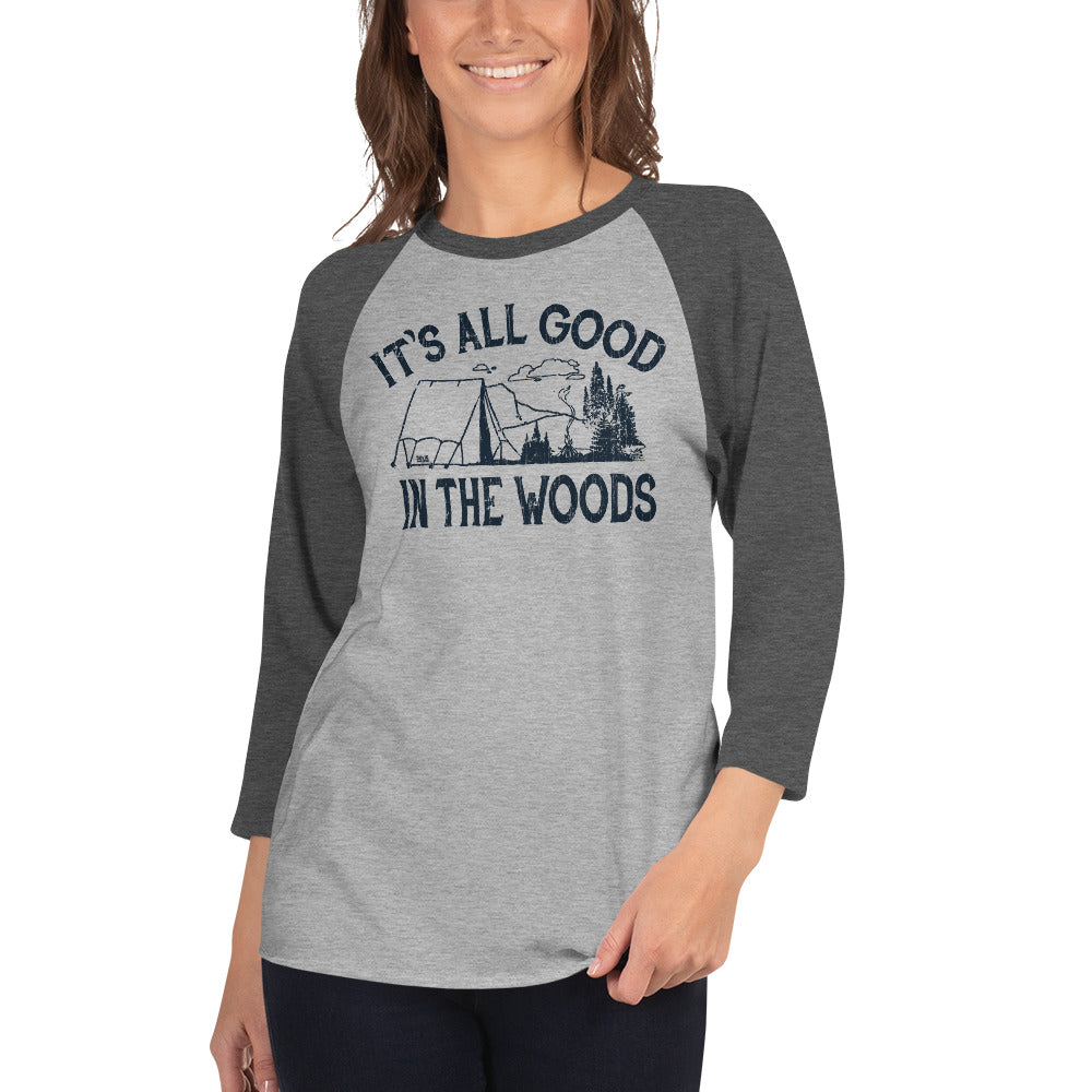All Good In The Woods Funny Graphic Raglan Tee | Vintage Baseball T-shirt on Female Model | Solid Threads
