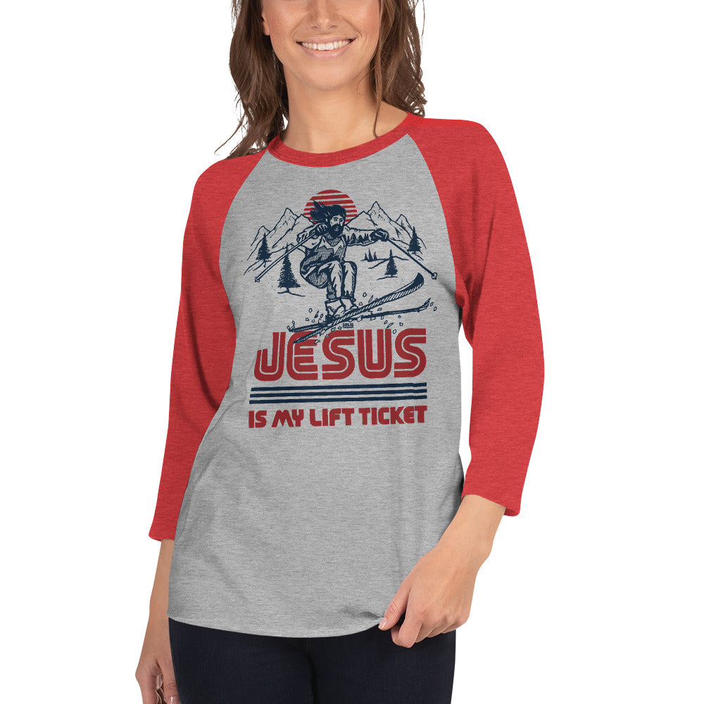 Unisex Jesus is My Lift Ticket Funny Graphic Raglan Tee | Vintage Skiing Baseball T-shirt on Model | Solid Threads