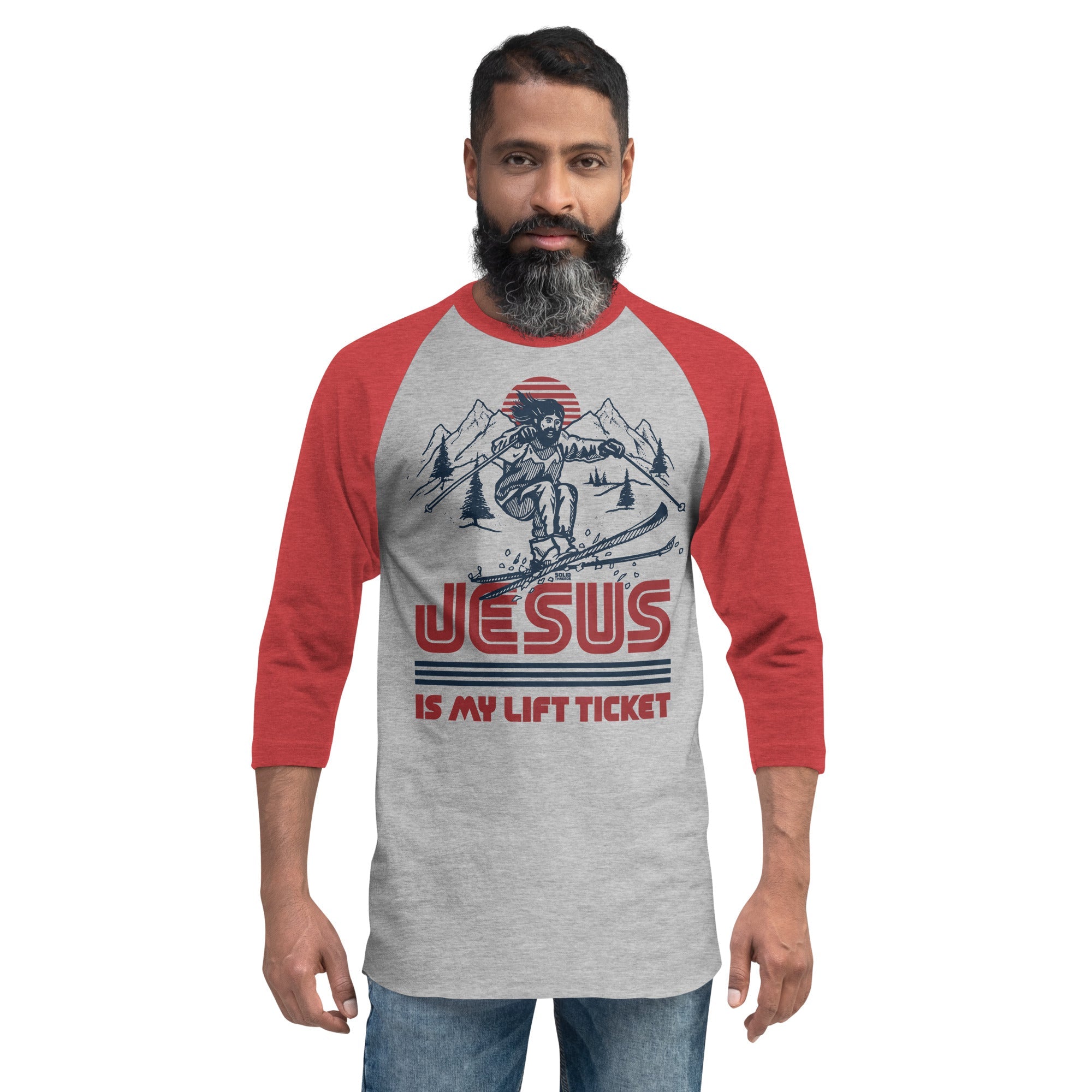 Unisex Jesus is My Lift Ticket Funny Graphic Raglan Tee | Vintage Skiing Baseball T-shirt on Model | Solid Threads