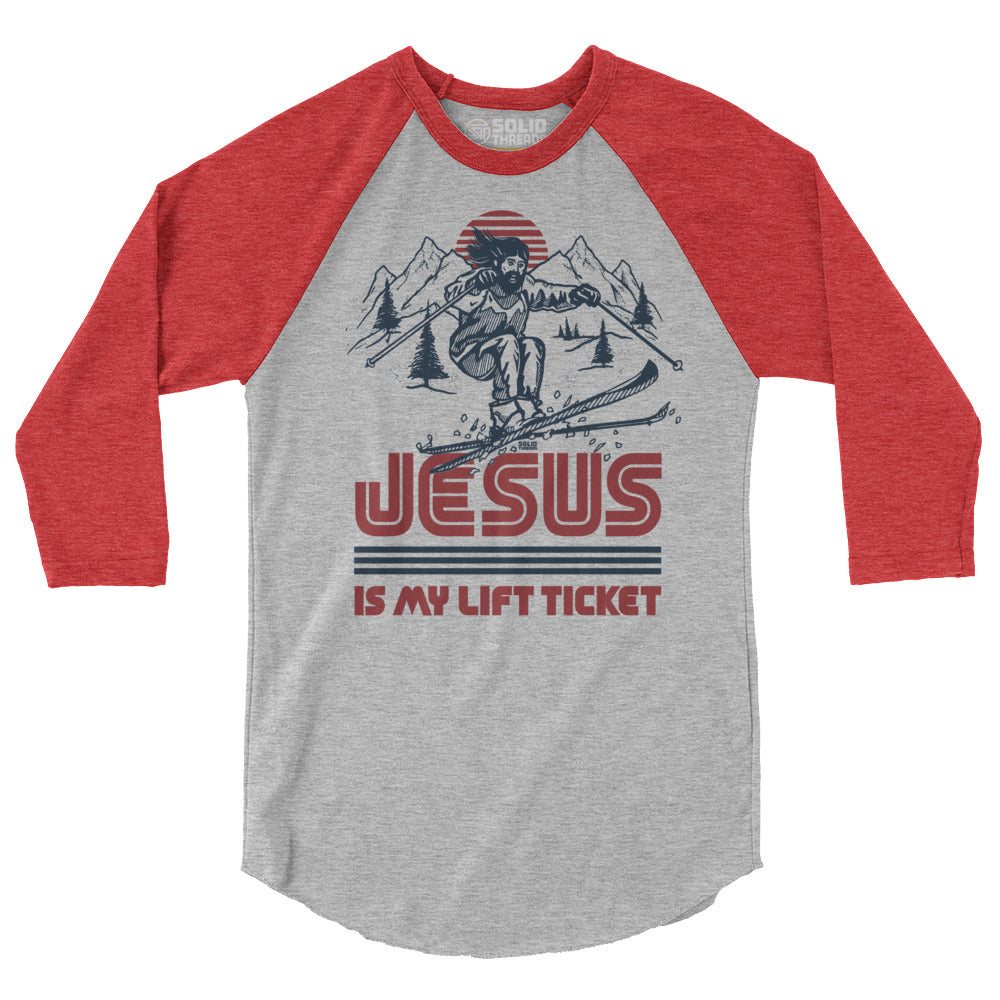 Jesus is My Lift Ticket Funny Graphic Raglan Tee | Vintage Skiing Baseball T-shirt | Solid Threads