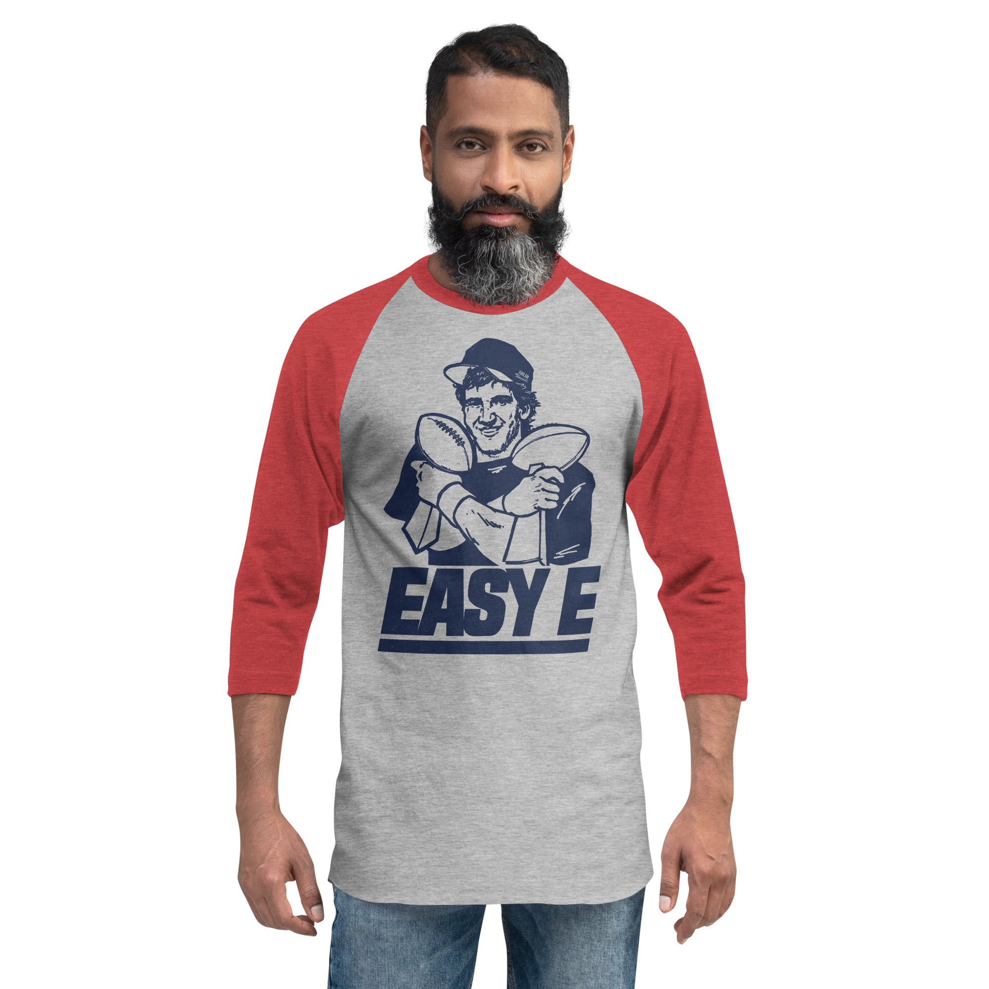Easy E Vintage Sports Graphic Raglan Tee | Funny NY Giants Grey Baseball T-shirt on Male Model | Solid Threads