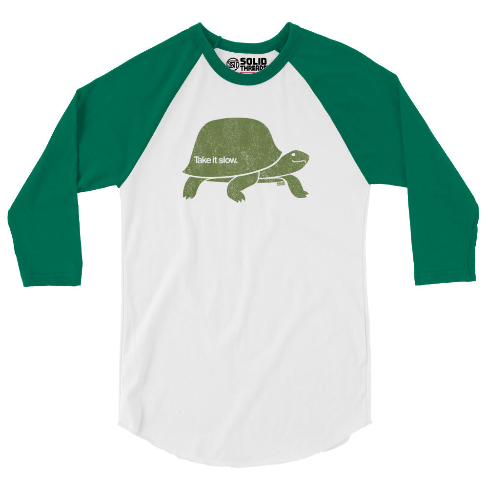Take It Slow Retro Turtle Graphic Raglan Tee | Cool Mindfulness Baseball T-shirt | Solid Threads