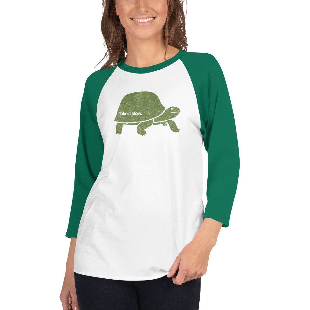 Take It Slow Vintage Turtle Graphic Raglan Tee | Cool Baseball T-shirt on Female  Model | Solid Threads