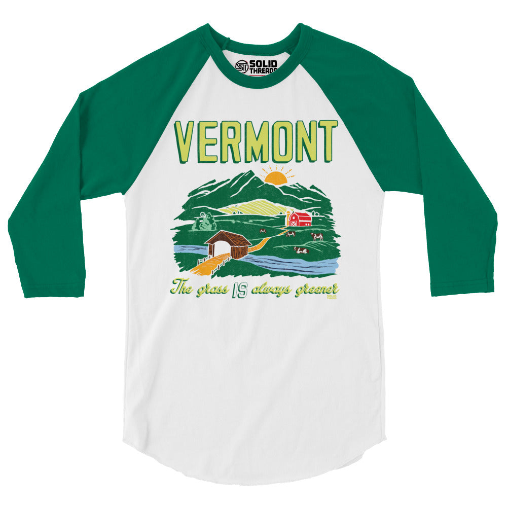 Unisex Vermont Grass Always Greener Graphic Raglan Tee | Vintage VT Farm Baseball T-shirt | Solid Threads