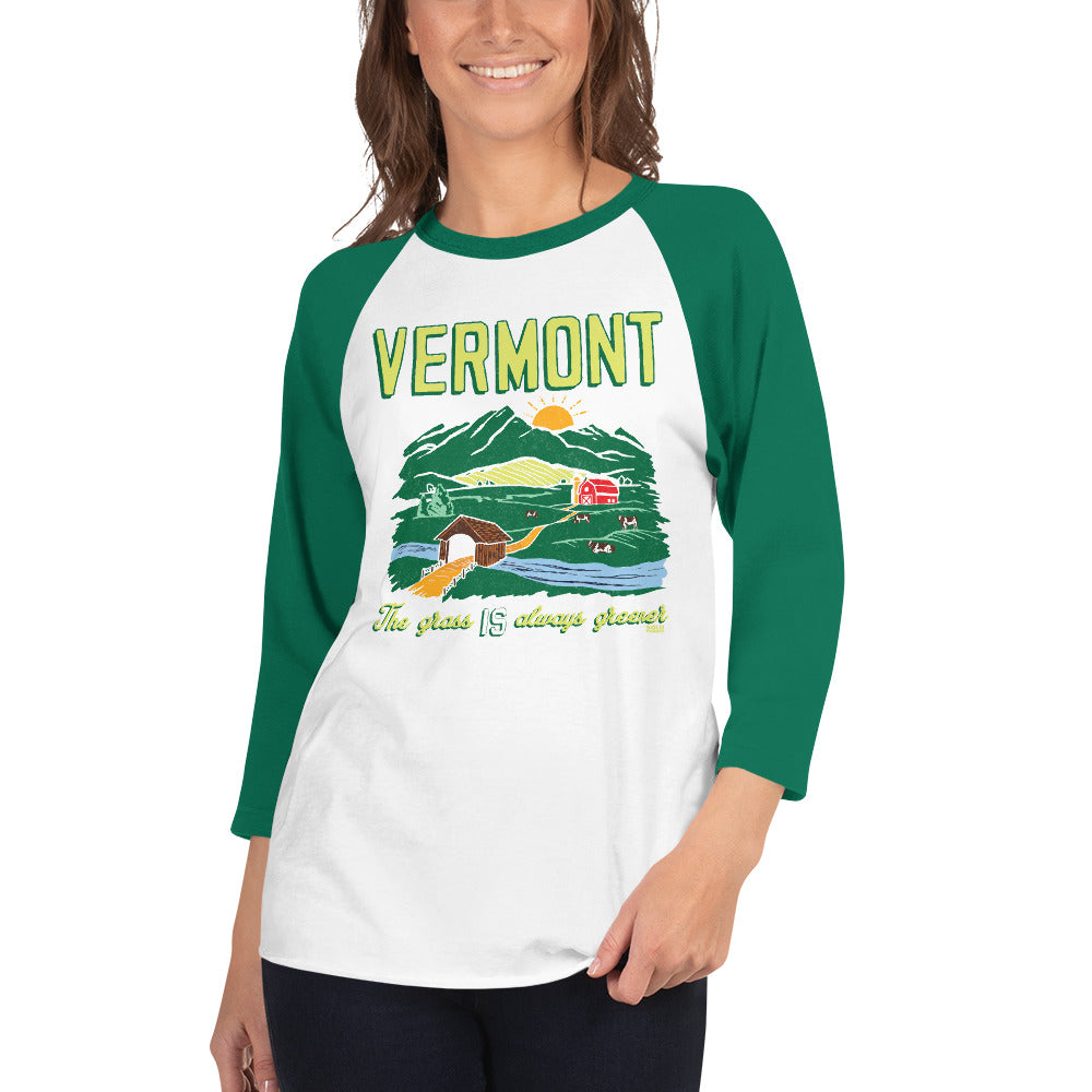 Unisex Vermont Grass Greener Graphic Raglan Tee | Vintage Farm Baseball T-shirt on Female Model | Solid Threads