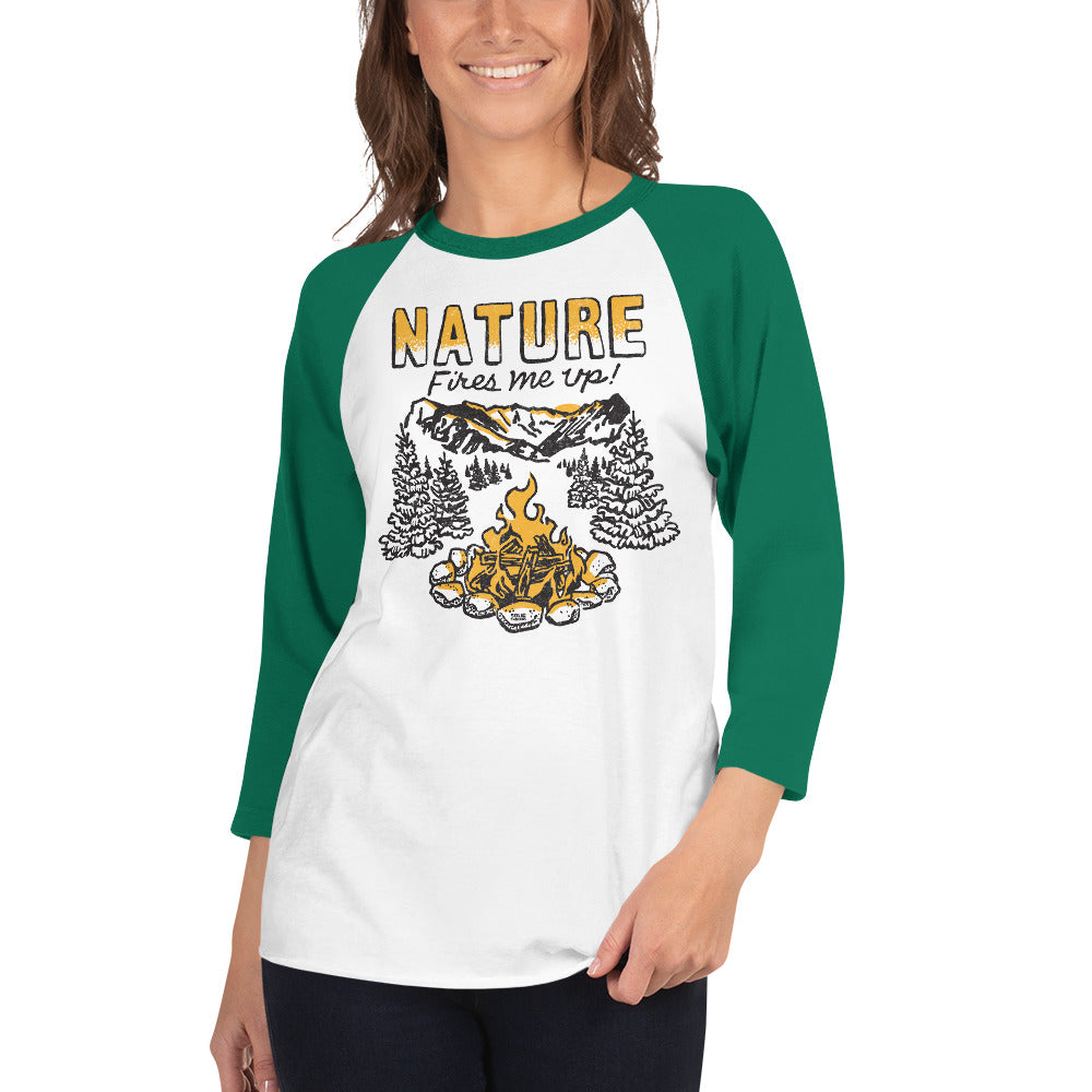 Nature Fires Me Up Retro Graphic Raglan Tee | Funny Camp Baseball T-shirt On Female Model | Solid Threads