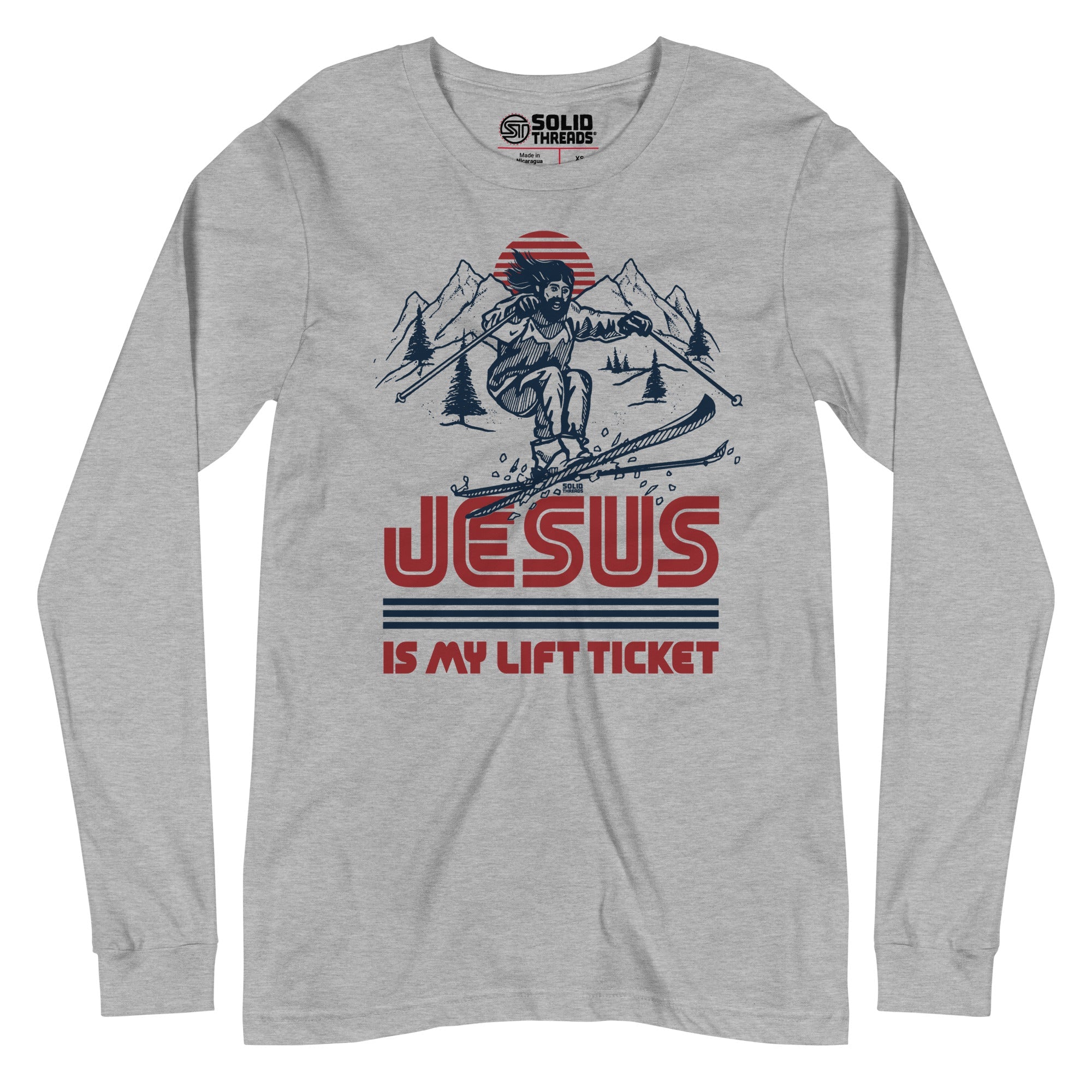 Jesus is My Lift Ticket Funny Skiing Long Sleeve Graphic Tee | Vintage Mountains T shirt | SOLID THREADS