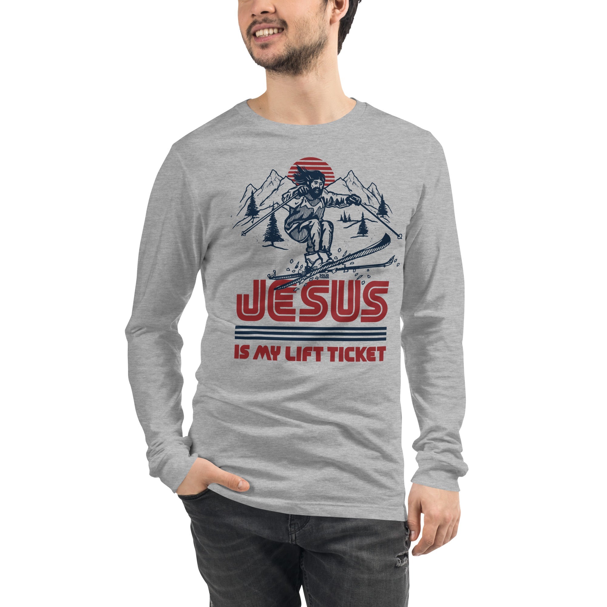 Jesus is My Lift Ticket Funny Skiing Long Sleeve Graphic Tee | Vintage Mountains T shirt on Model | SOLID THREADS