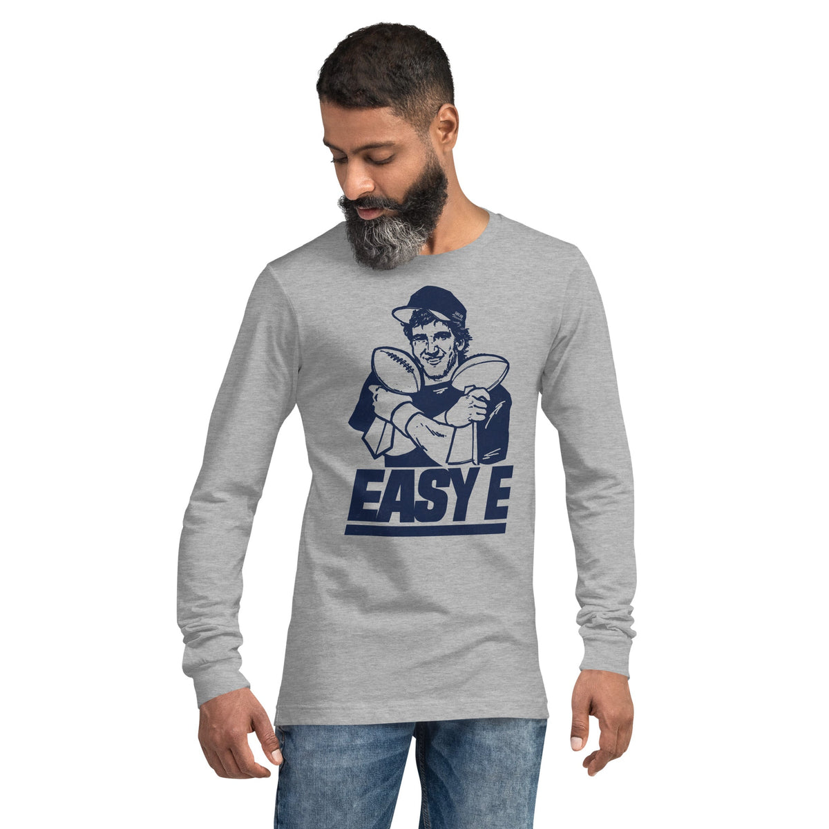 Easy E Retro Sports Shirt | Funny NY Giants Eli Manning Long Sleeve T-shirt on Model | SOLID THREADS