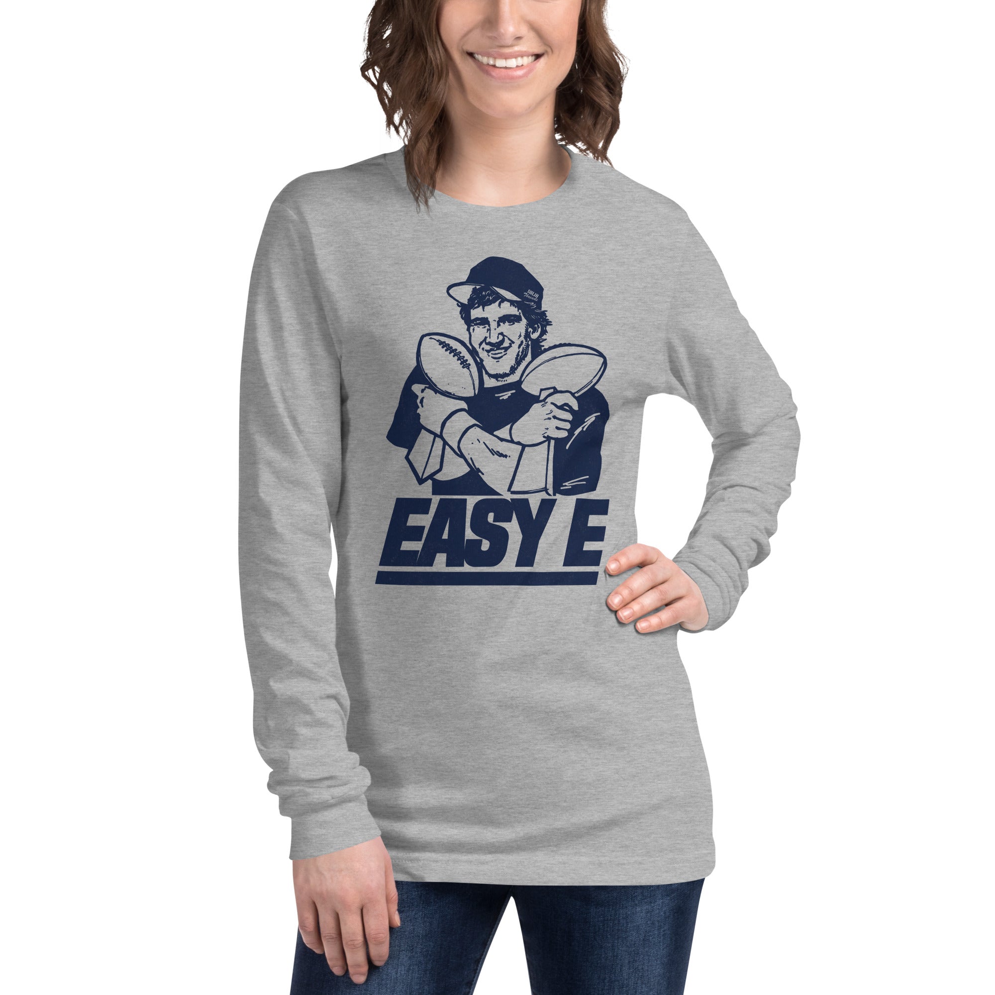 Easy E Retro Sports Shirt | Funny NY Giants Eli Manning Long Sleeve T-shirt on Model | SOLID THREADS