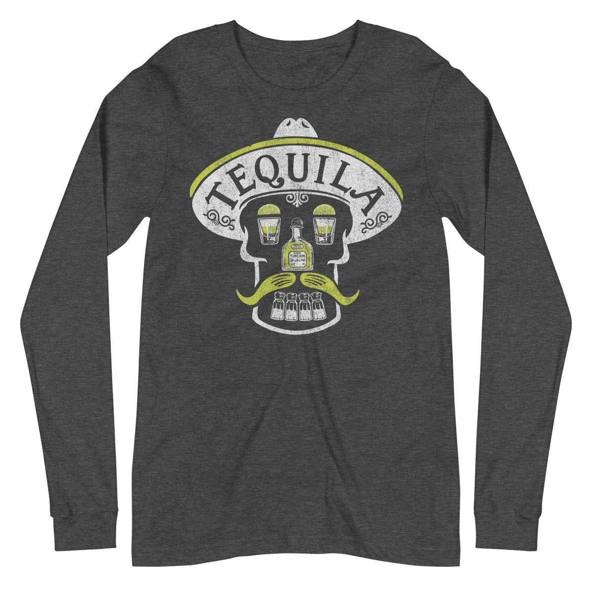 Tequila Skull Vintage Graphic Long Sleeve Tee | Retro Drinking T-Shirt | Solid Threads