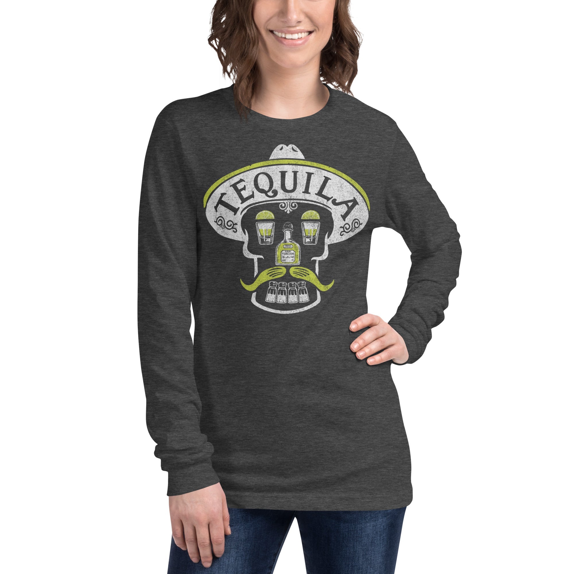 Tequila Skull Vintage Graphic Long Sleeve Tee | Retro Drinking T-Shirt Female Model Closeup | Solid Threads