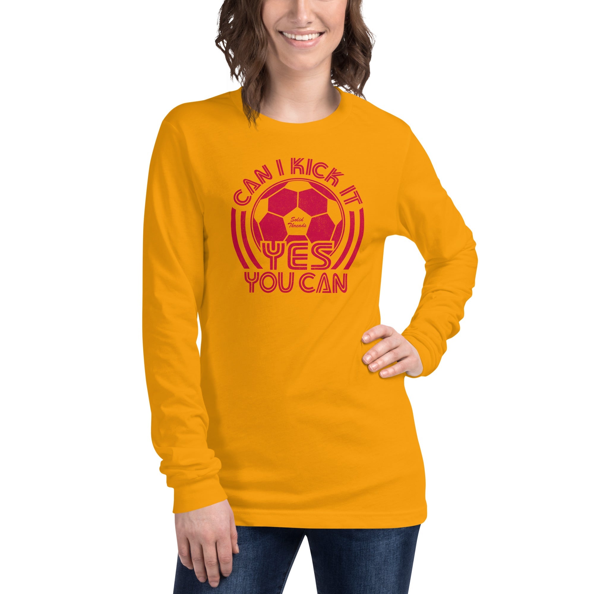 Unisex Can I Kick It, Yes You Can Long Sleeve Funny Graphic Tee | Vintage Soccer Gold T shirt on Model | Solid Threads