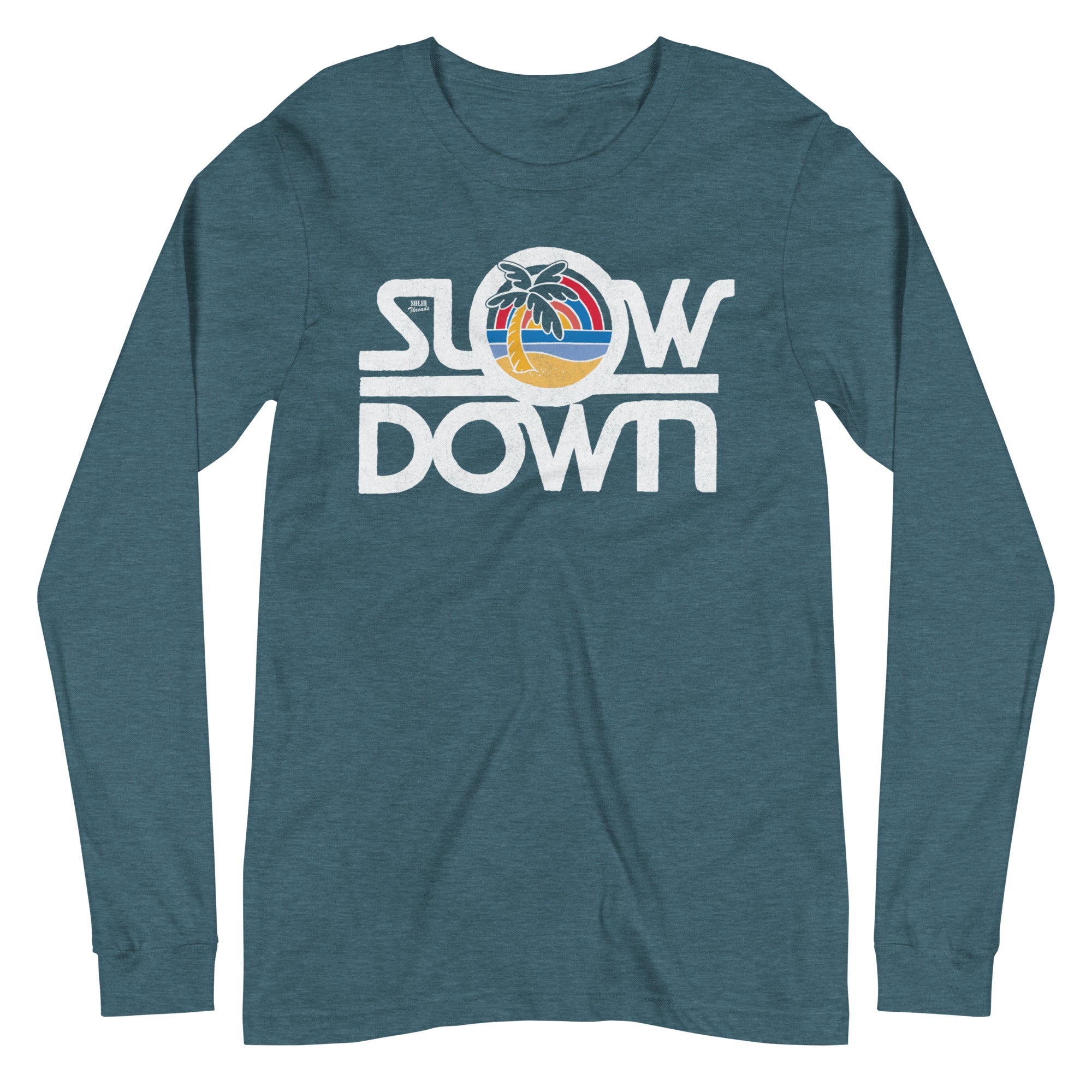 Slow Down Vintage Long Sleeve Tee | Retro Beach Vacation Soft Blend Green T-shirt | SOLID THREADS