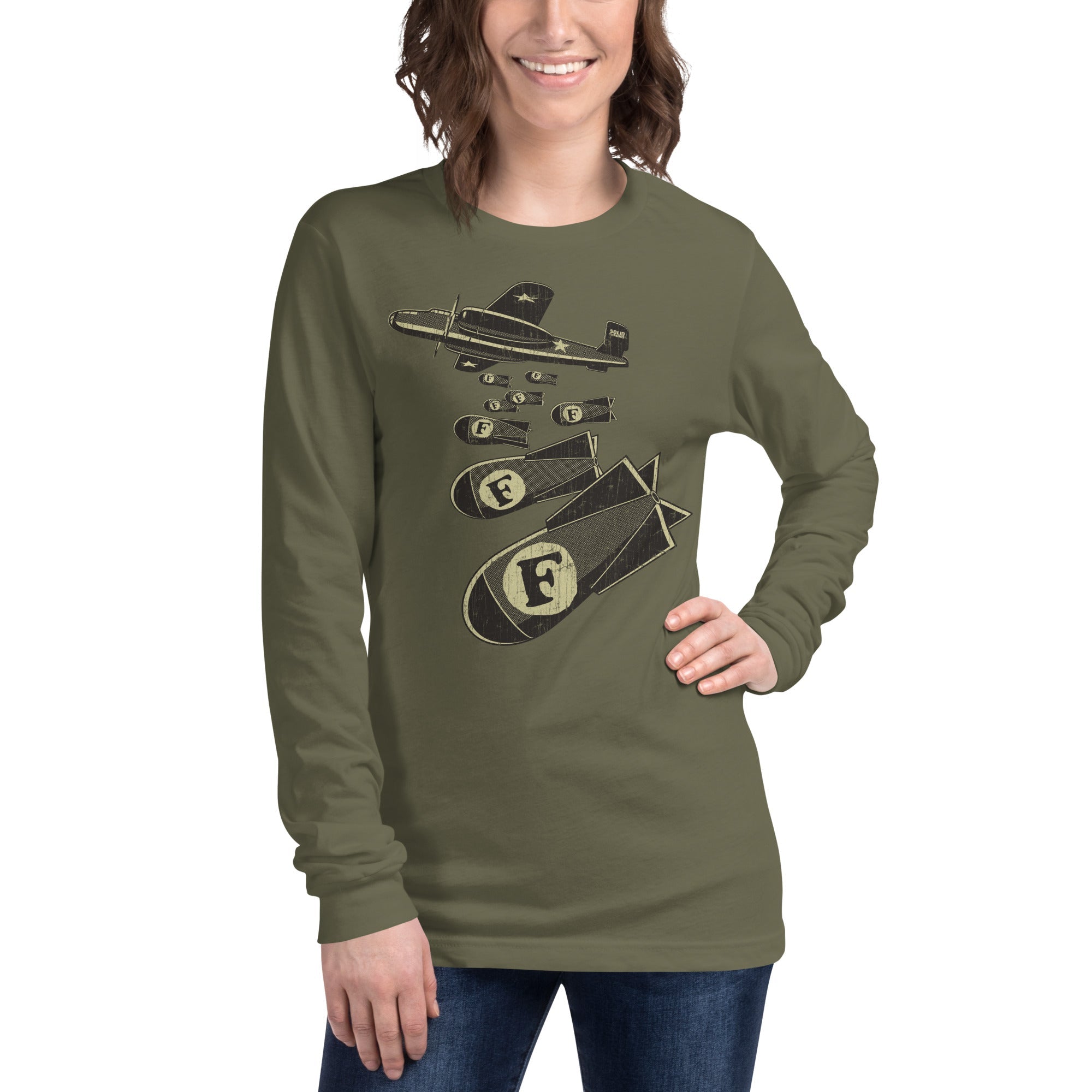 F Bombs Funny Double Entendre Long Sleeve Tee | Vintage Swearing Pun Soft T-Shirt on Model | SOLID THREADS