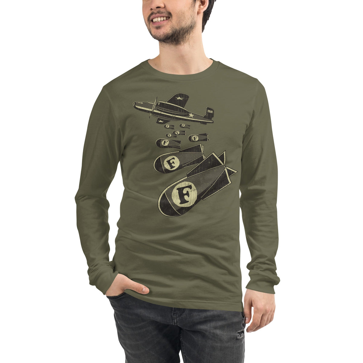 F Bombs Funny Double Entendre Long Sleeve Tee | Vintage Swearing Pun Soft T-Shirt on Model | SOLID THREADS