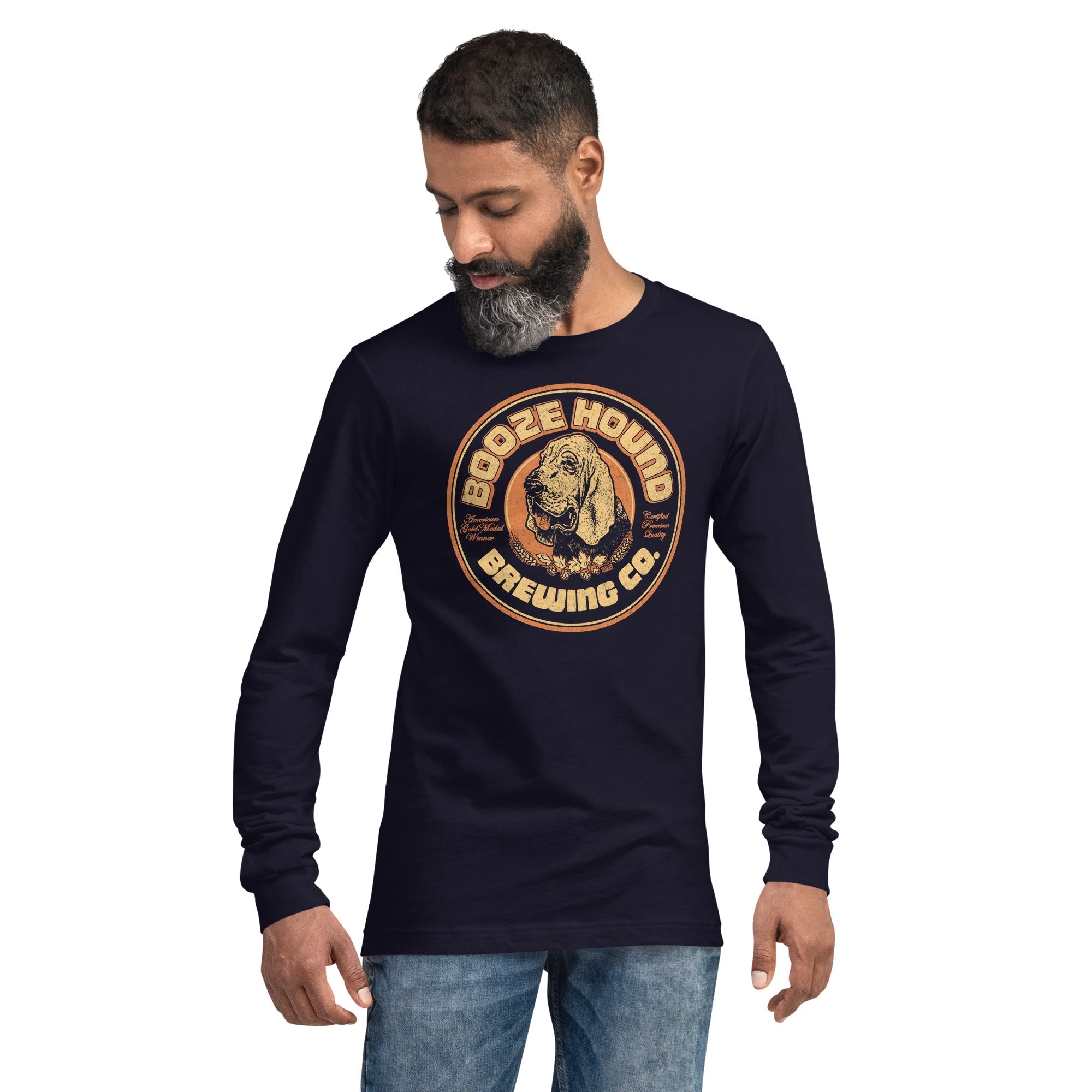 Boozehound Brewing Co. Vintage Graphic Long Sleeve Tee | Retro Drinking T-Shirt On Model - Solid Threads