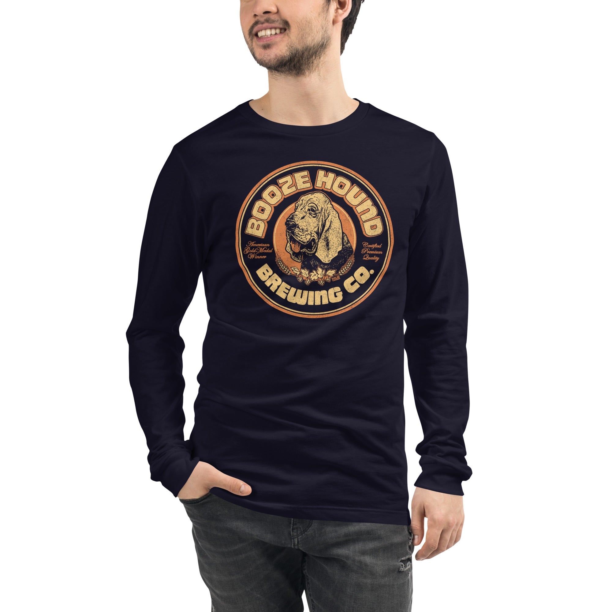 Boozehound Brewing Co. Vintage Graphic Long Sleeve Tee | Retro Drinking T-Shirt Model Closeup - Solid Threads
