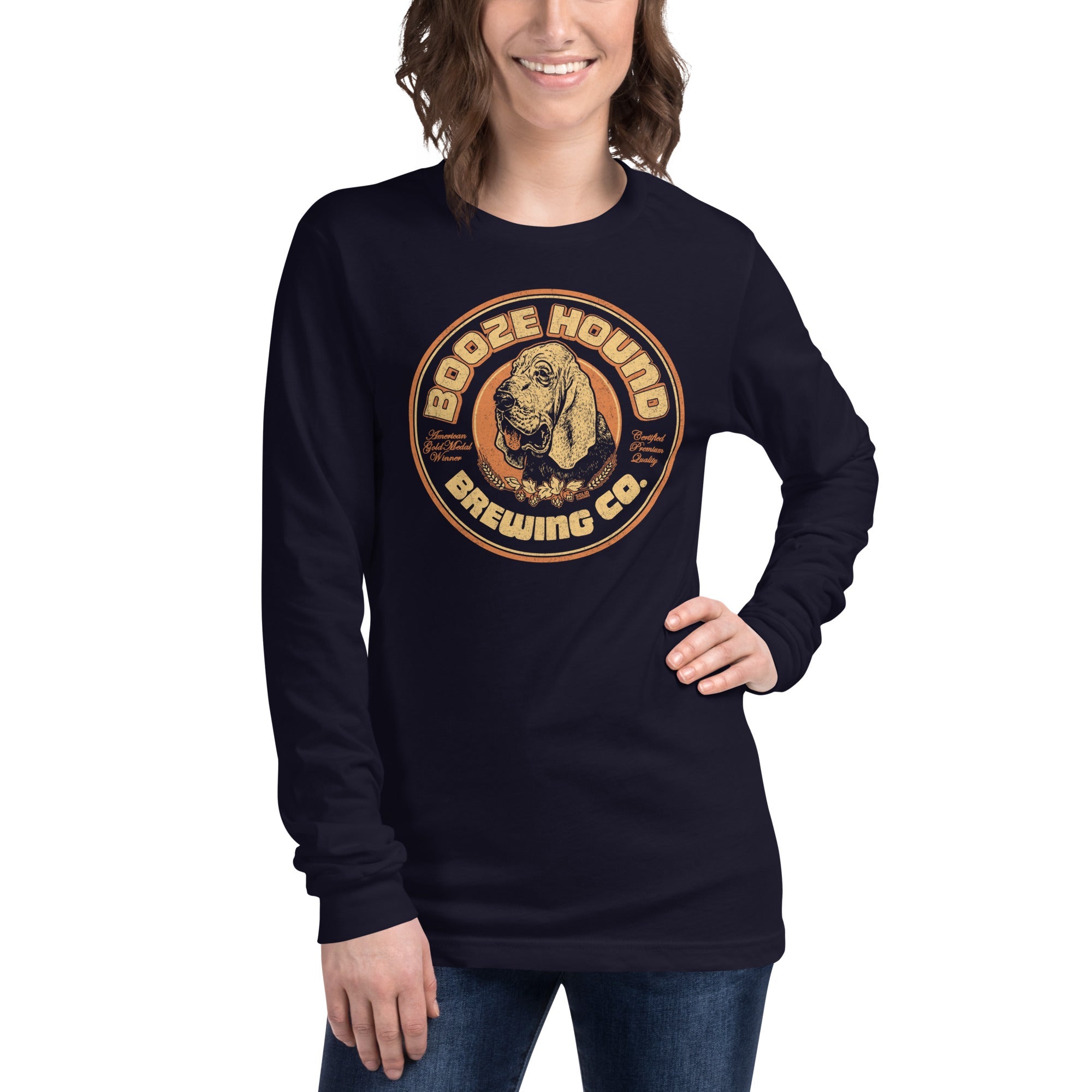 Boozehound Brewing Co. Vintage Graphic Long Sleeve Tee | Retro Drinking T-Shirt Female Model Closeup - Solid Threads