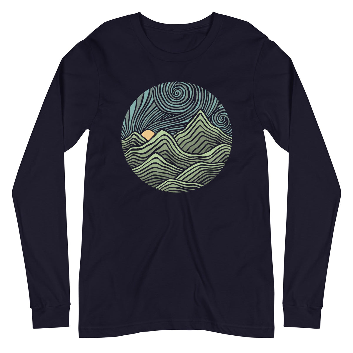 Swirly Mountains Vintage Graphic Long Sleeve Tee | Retro Nature T-Shirt | Solid Threads