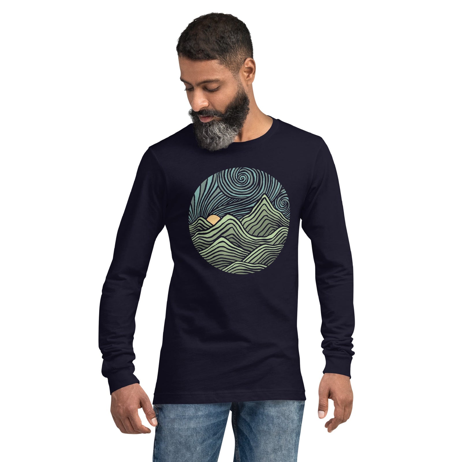 Swirly Mountains Vintage Graphic Long Sleeve Tee | Retro Nature T-Shirt on Model | Solid Threads