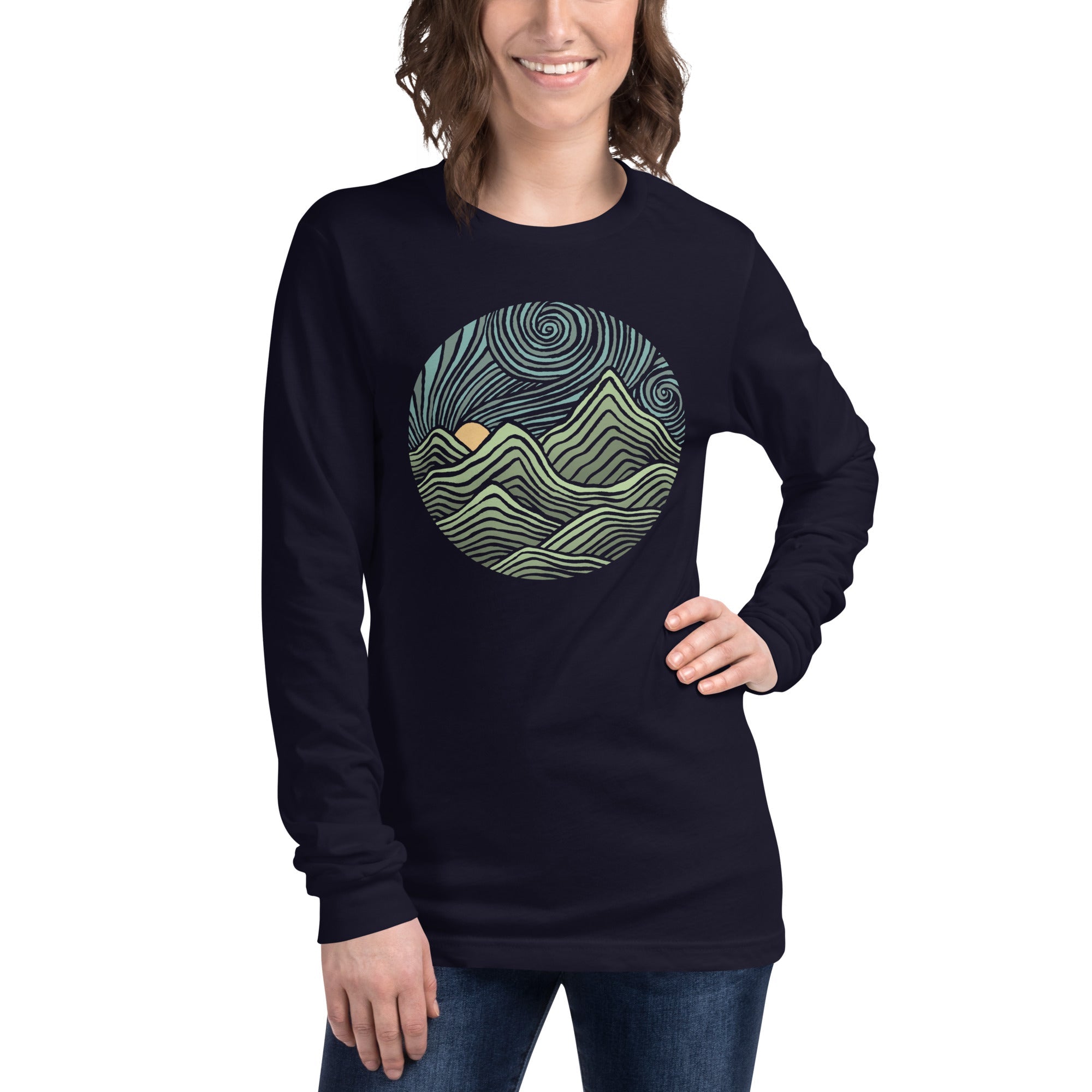 Swirly Mountains Vintage Graphic Long Sleeve Tee | Retro Nature T-Shirt on Model | Solid Threads